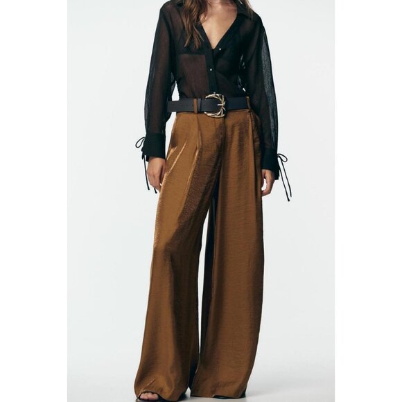 ZARA WIDE SATIN TROUSERS WITH BELT - Picture 3 of 8